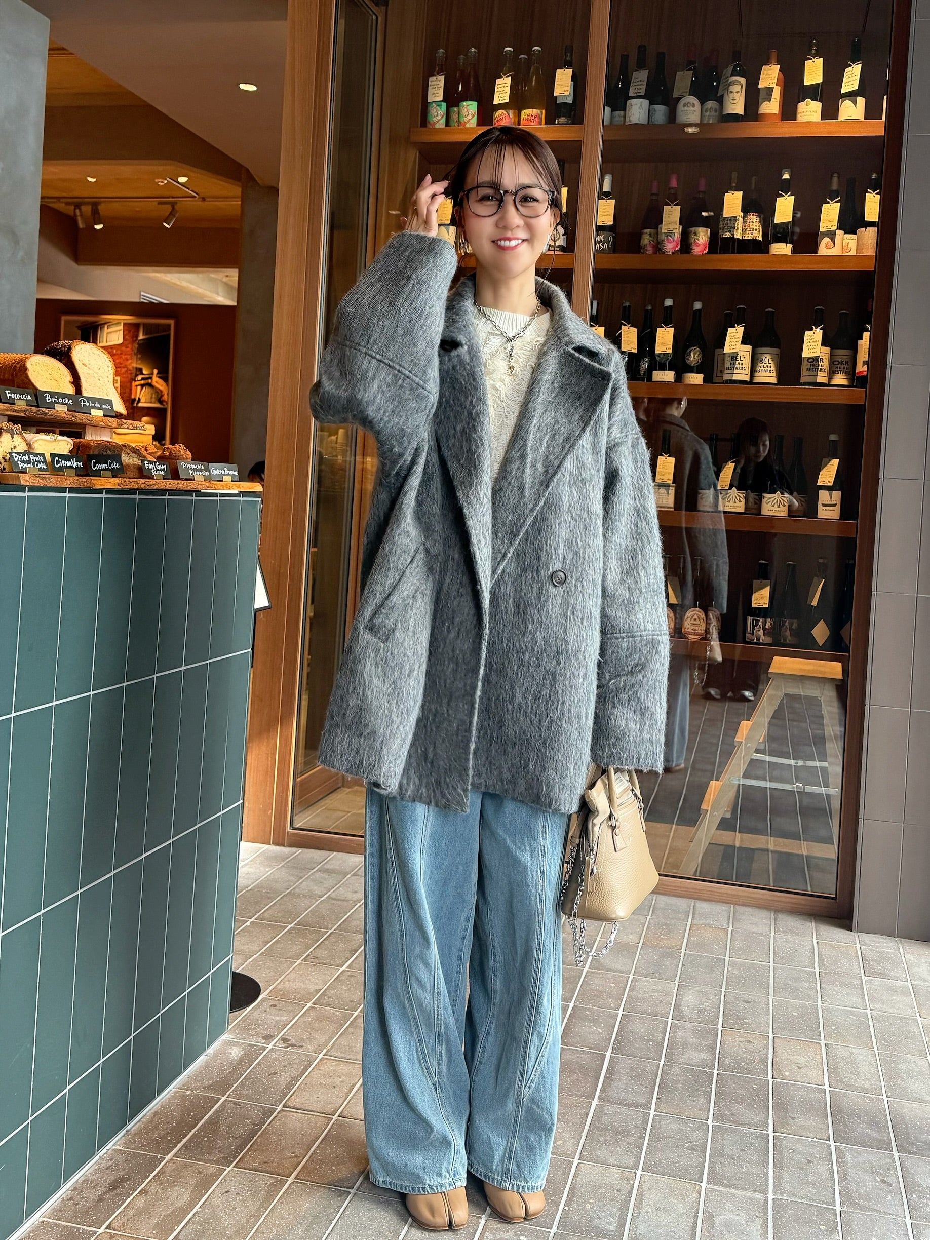 【美品】韓ドル着用 MZ LVT VARSITY JACKETチャコール 秋冬 予約】[SET] シャギーミドルコート / チャコール + 切替えストレート