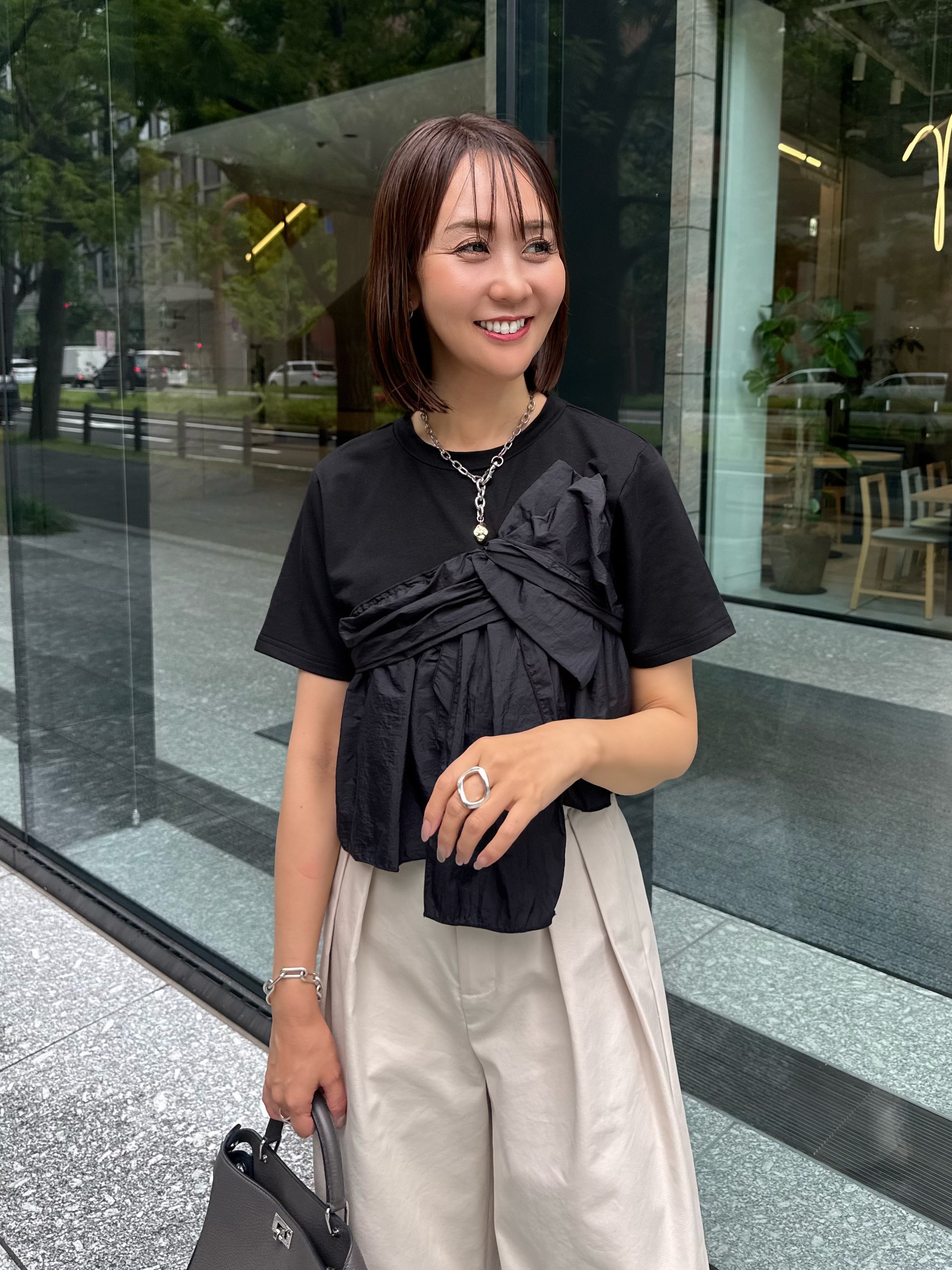 予約】異素材ドッキングツイストTシャツ / ブラック(7月下旬発送予定