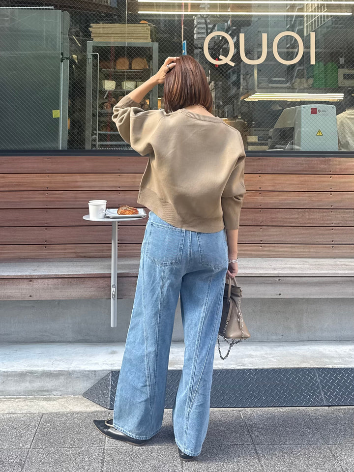 【予約】[SET]クロップド丈ダンボールニット / ベージュ + 切替えストレートデニムパンツ / ブルー(3月上旬発送予定)