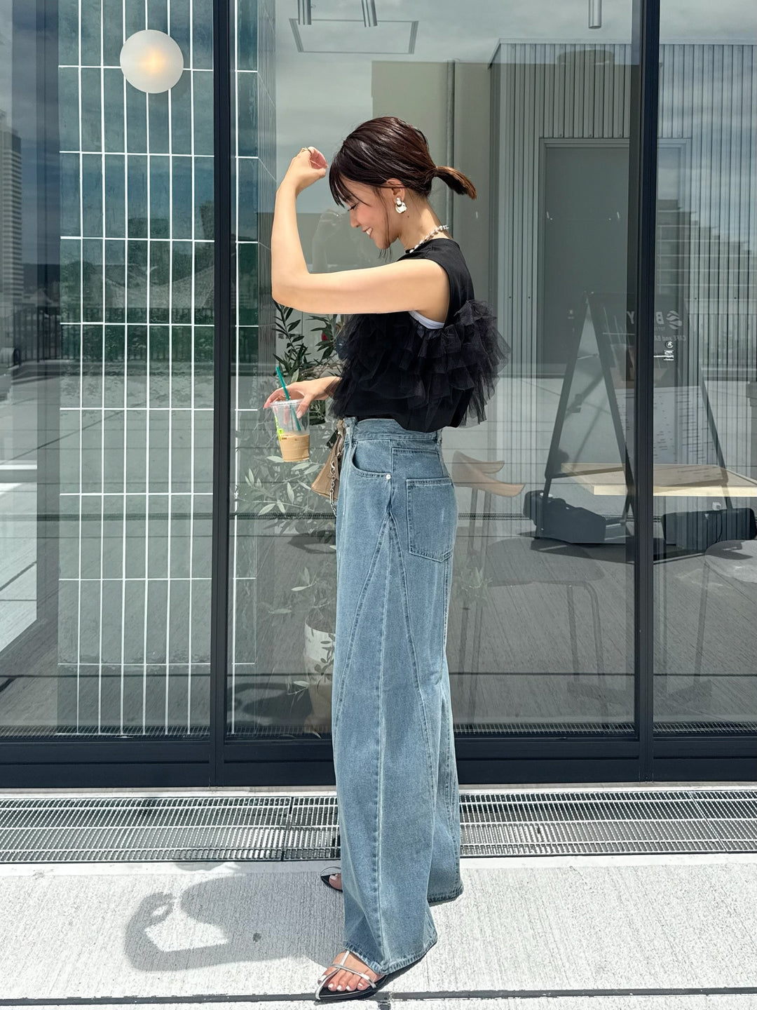 切替えストレートデニムパンツ / ブルー