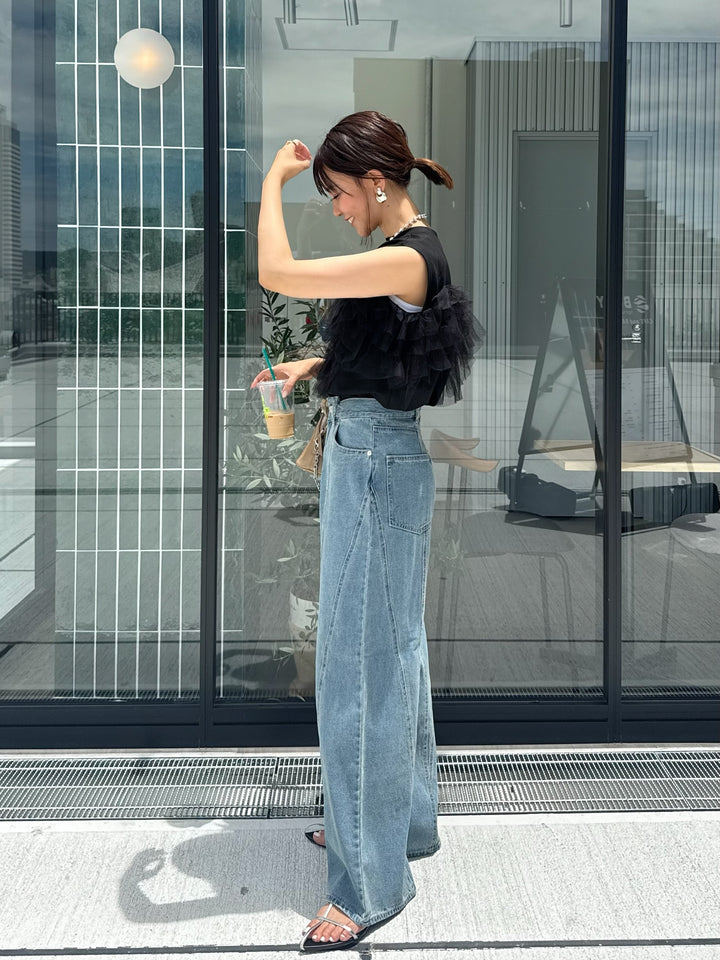 切替えストレートデニムパンツ / ブルー