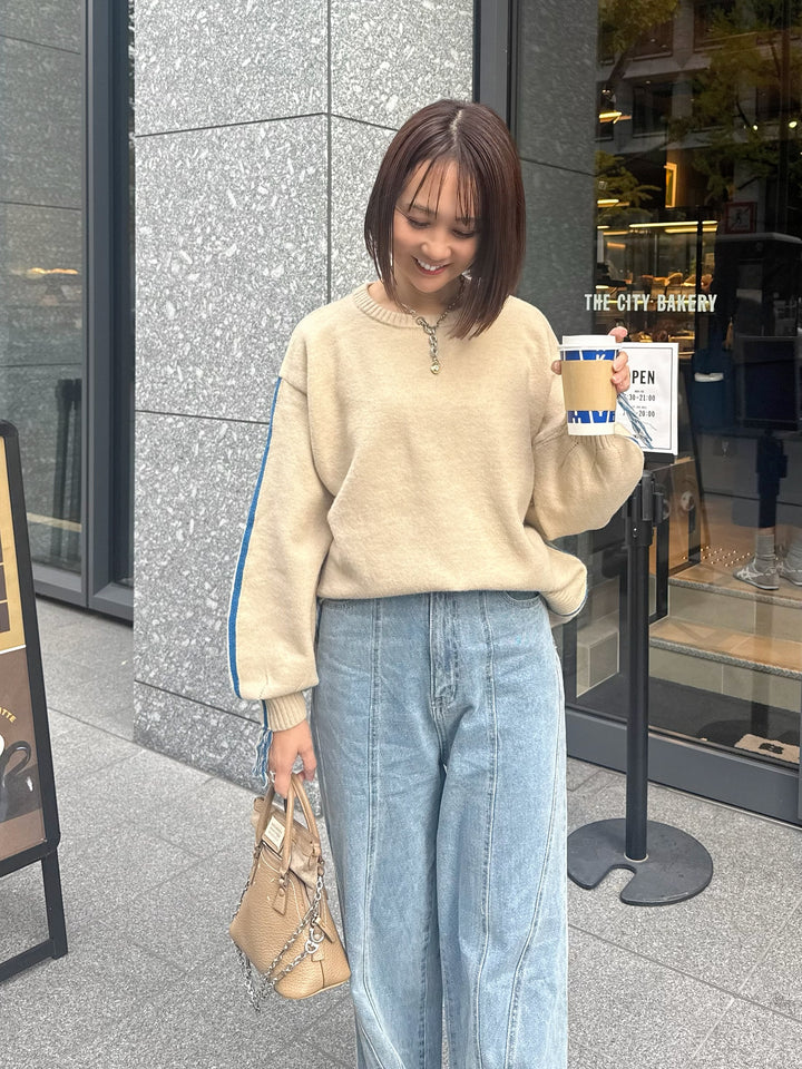 アルパカタッチ配色ラインプルオーバー / アイボリー