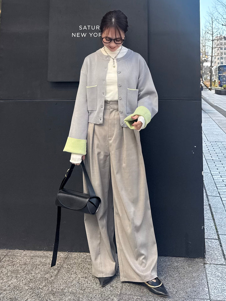 【予約】ウエストパイピングワイドパンツ / グレージュ(4月上旬発送予定)