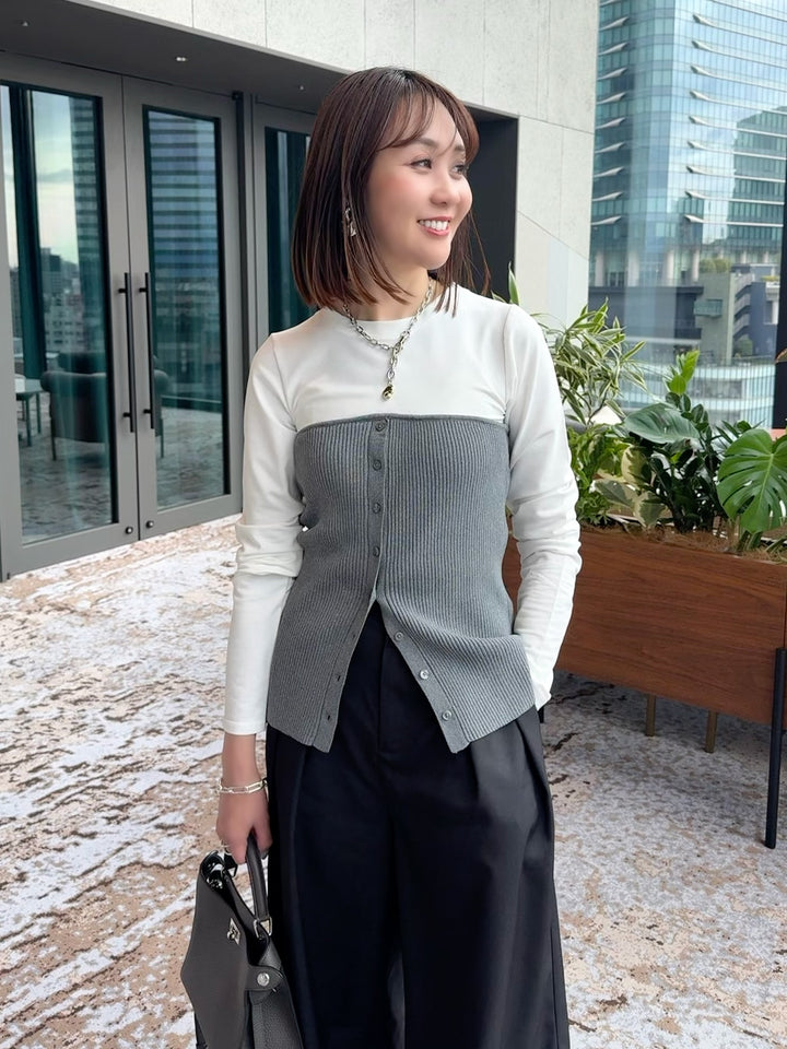 [新作300円OFF] リブニットビスチェドッキングTシャツ / オフホワイト×グレー