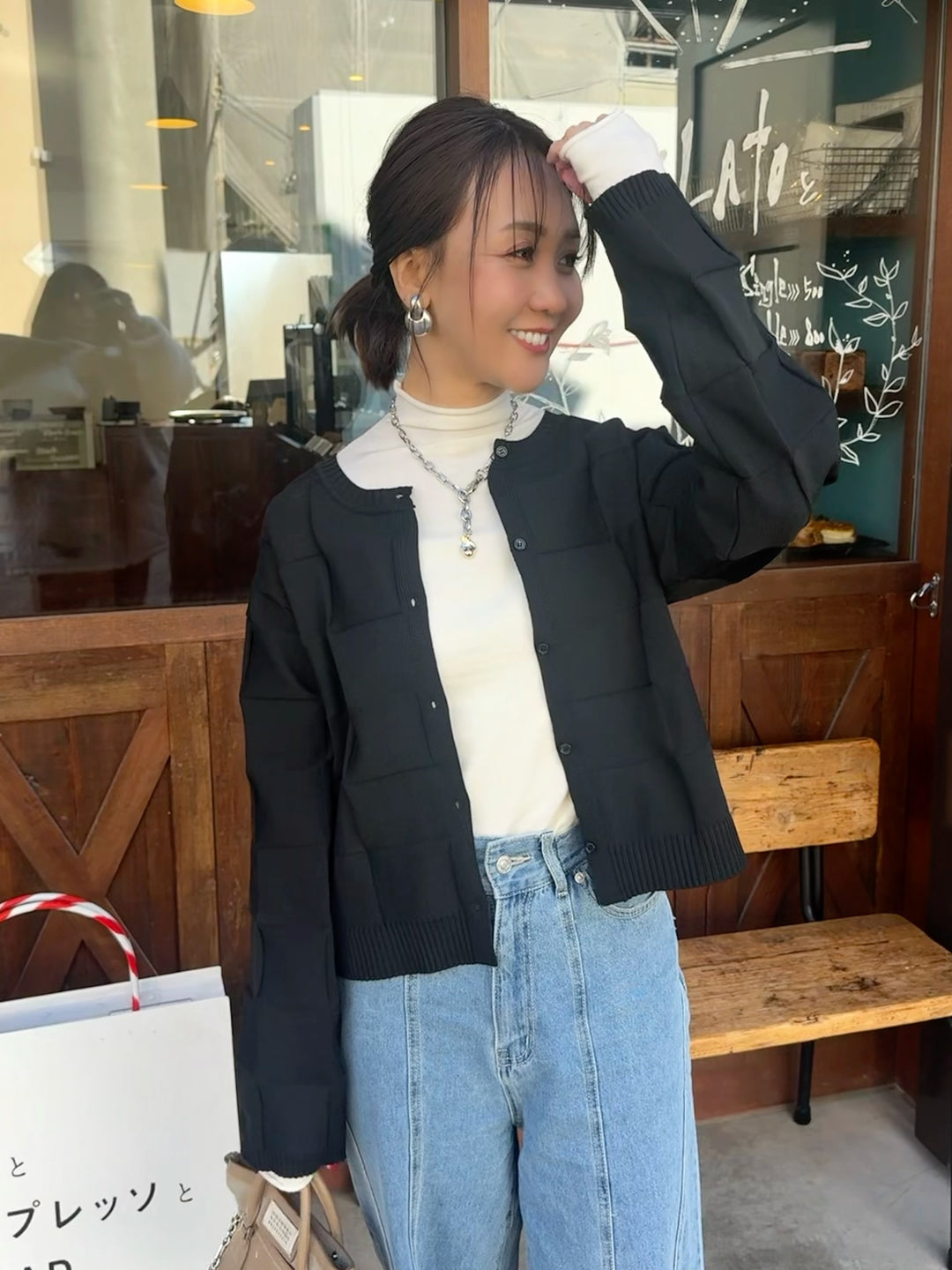 【予約】格子ニットカーディガン / ブラック(3月上旬発送予定)