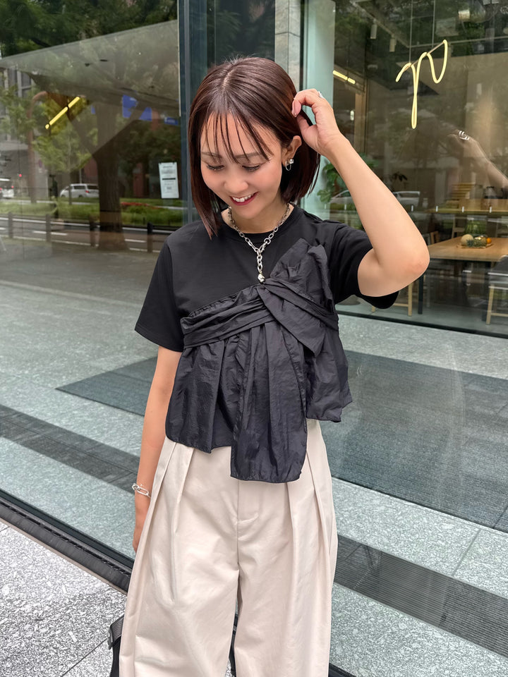 [新作300円OFF] 異素材ドッキングツイストTシャツ / ブラック