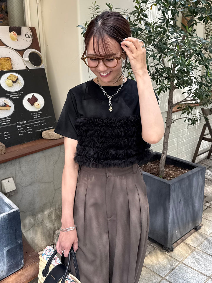 チュールフリルビスチェ見えTシャツ / ブラック