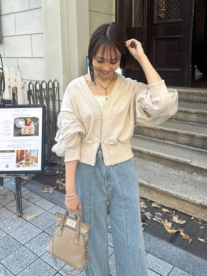 【予約】袖チュールカーディガン / ミルクティー(3月下旬頃発送予定)