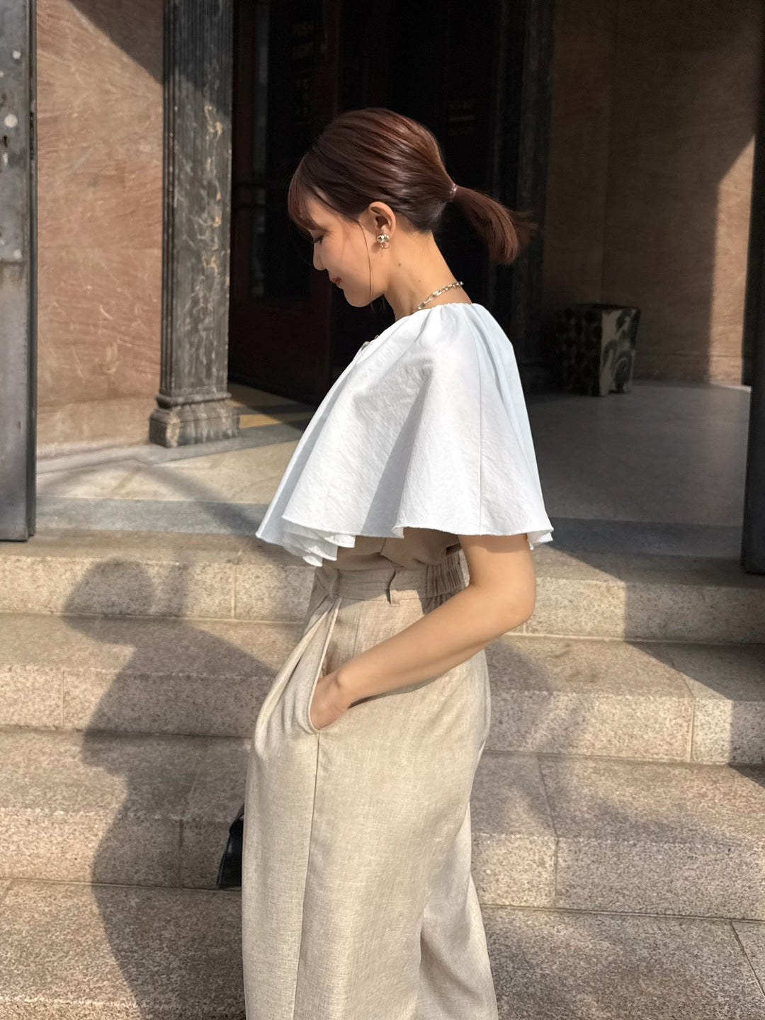 ケープドッキングリブトップス / ベージュ