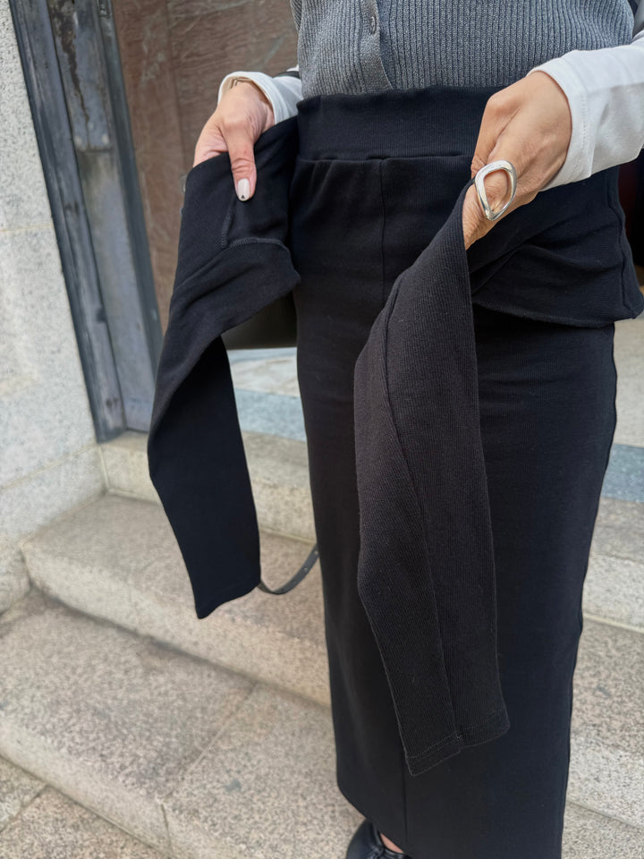 [新作300円OFF] カットリブ腰巻き風スカート / ブラック