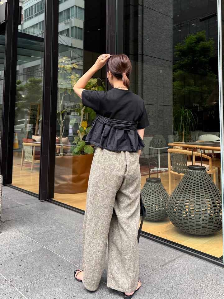 [新作300円OFF] 異素材ドッキングツイストTシャツ / ブラック