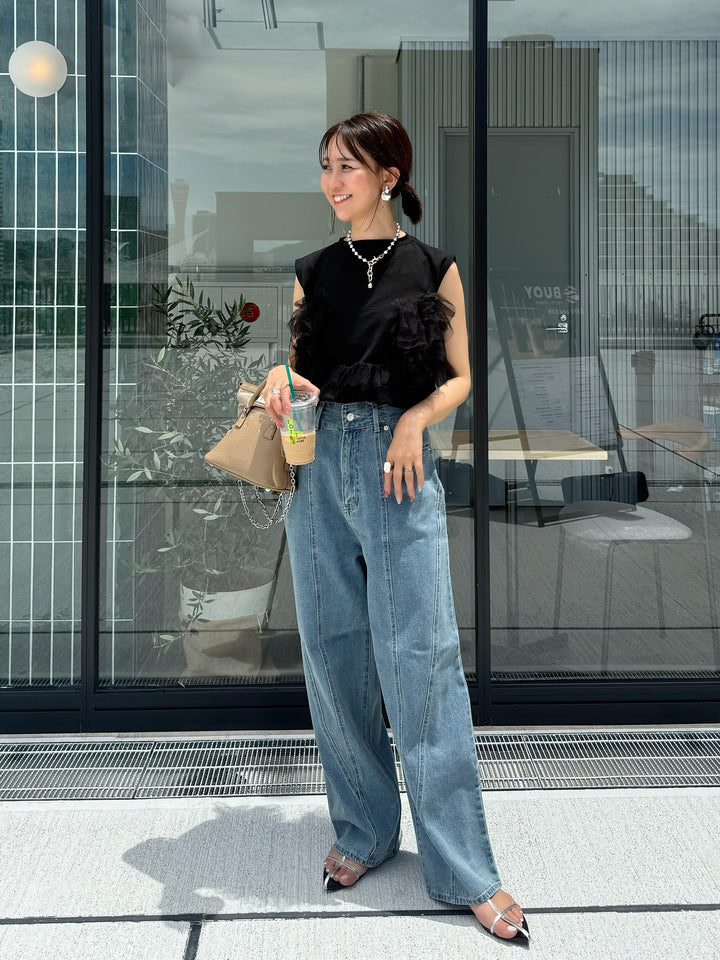 切替えストレートデニムパンツ / ブルー
