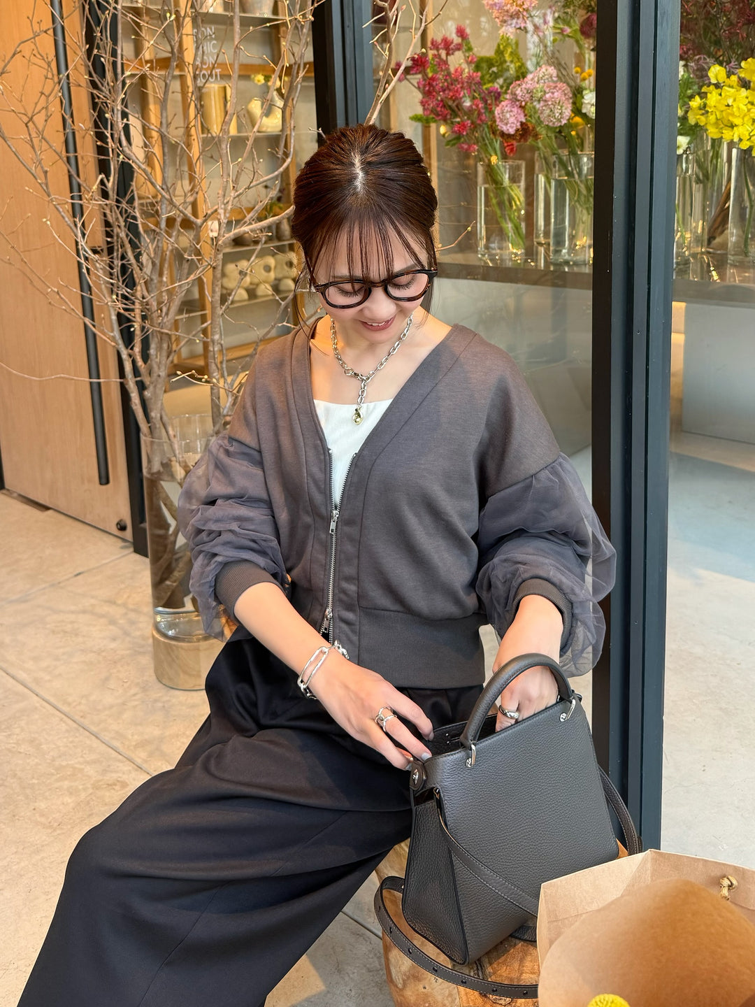 袖チュールカーディガン / チャコールグレイ