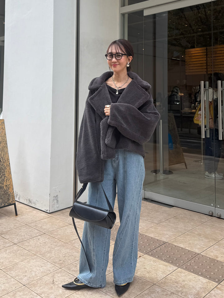 [SET]ボアショートコート / チャコールグレー + 切替えストレートデニムパンツ / ブルー