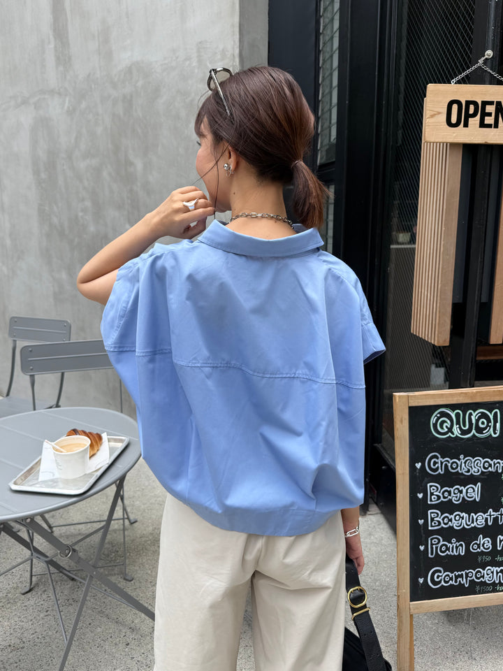 [新作300円OFF] コクーンノースリブシャツ / ブルー