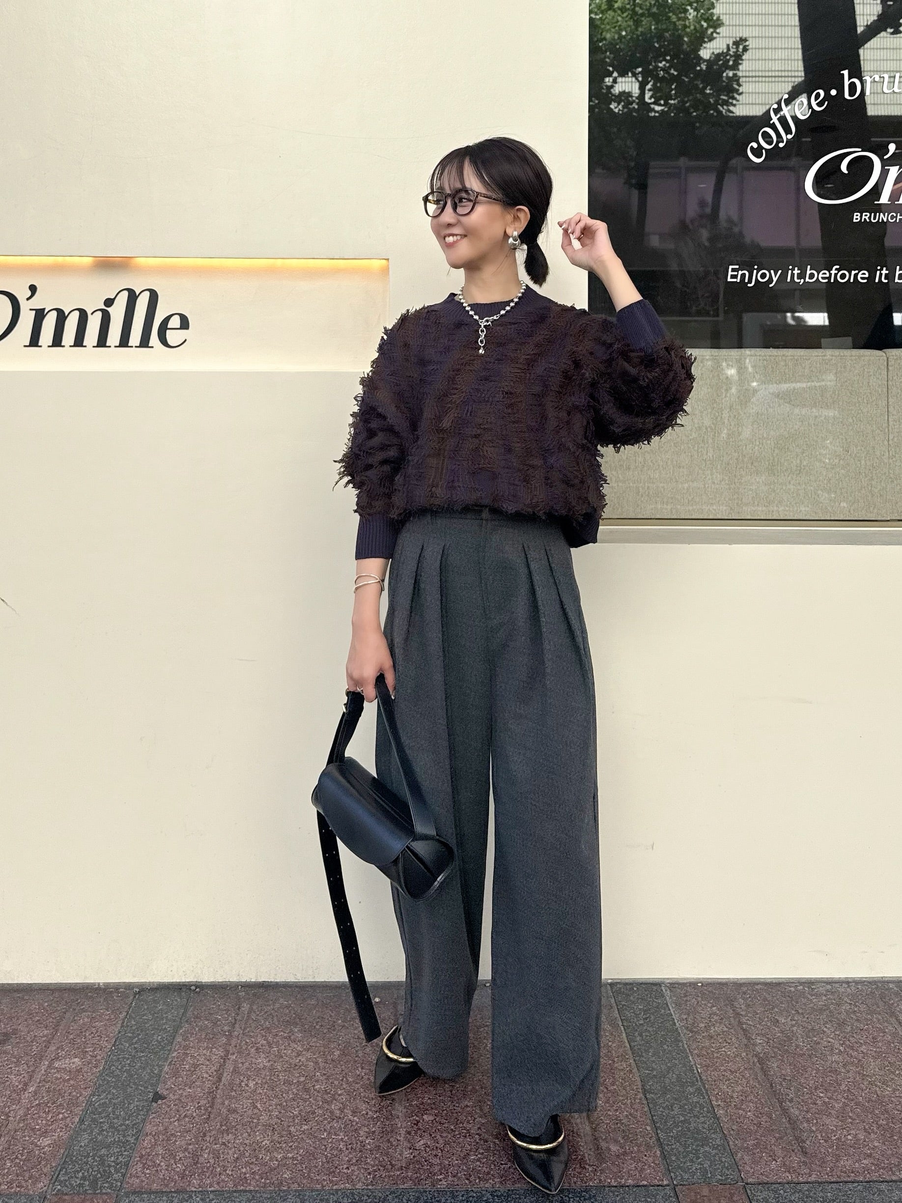 予約】ウールライクタックワイドパンツ / チャコール(11月下旬発送予定