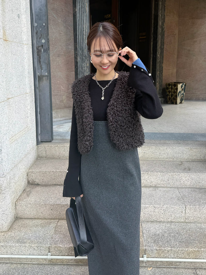 【予約】 ウールライクVネックジャンパースカート / チャコール(1月上旬発送予定)