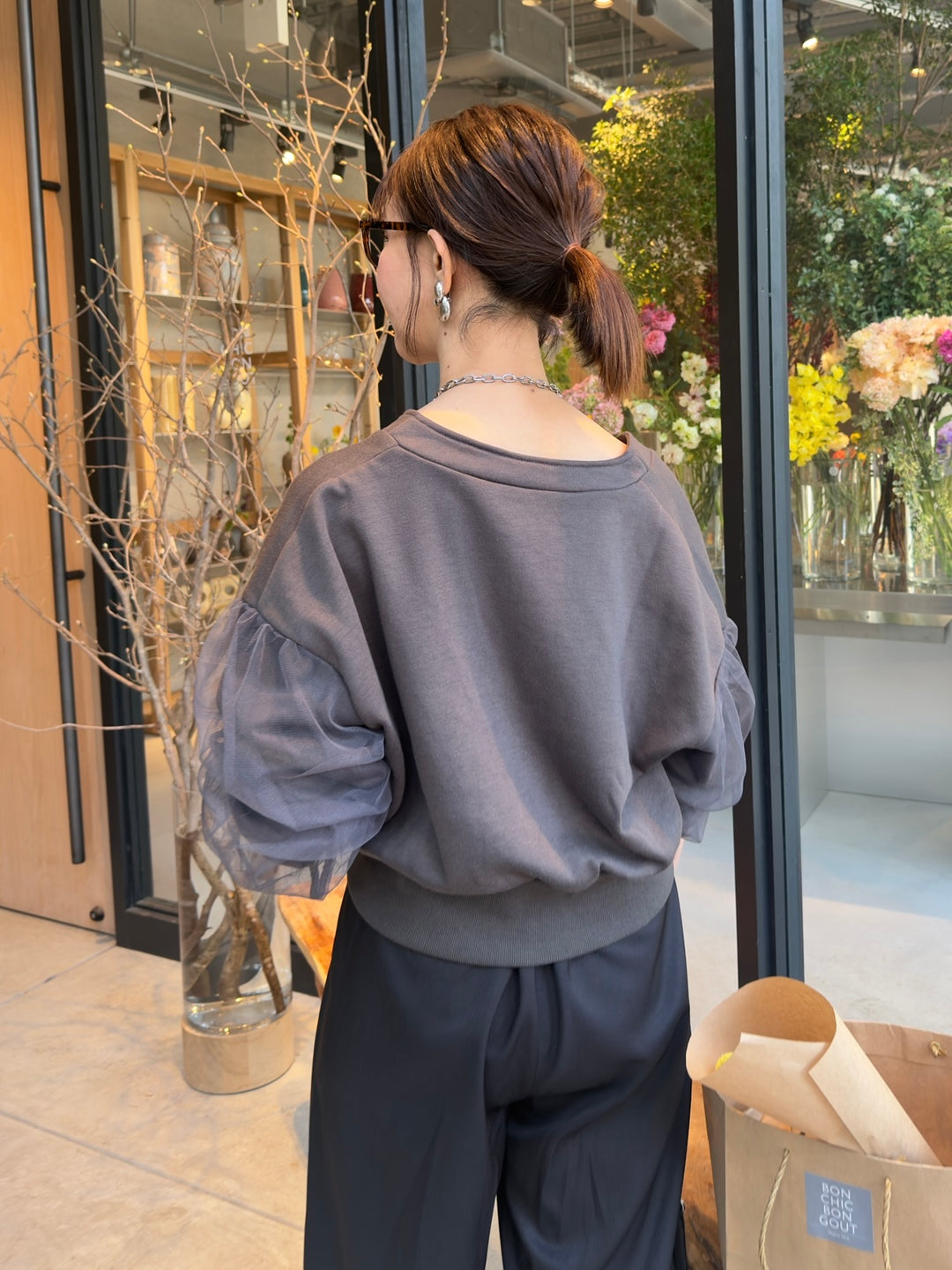 袖チュールカーディガン / チャコールグレイ