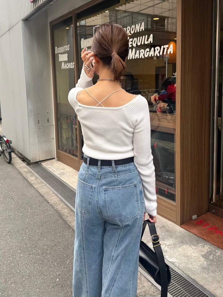 【予約】[SET]スクエアネックリブニットプルオーバー  / オフホワイト + カップ付きダブルストラップキャミソール / ホワイト(3月下旬発送予定)