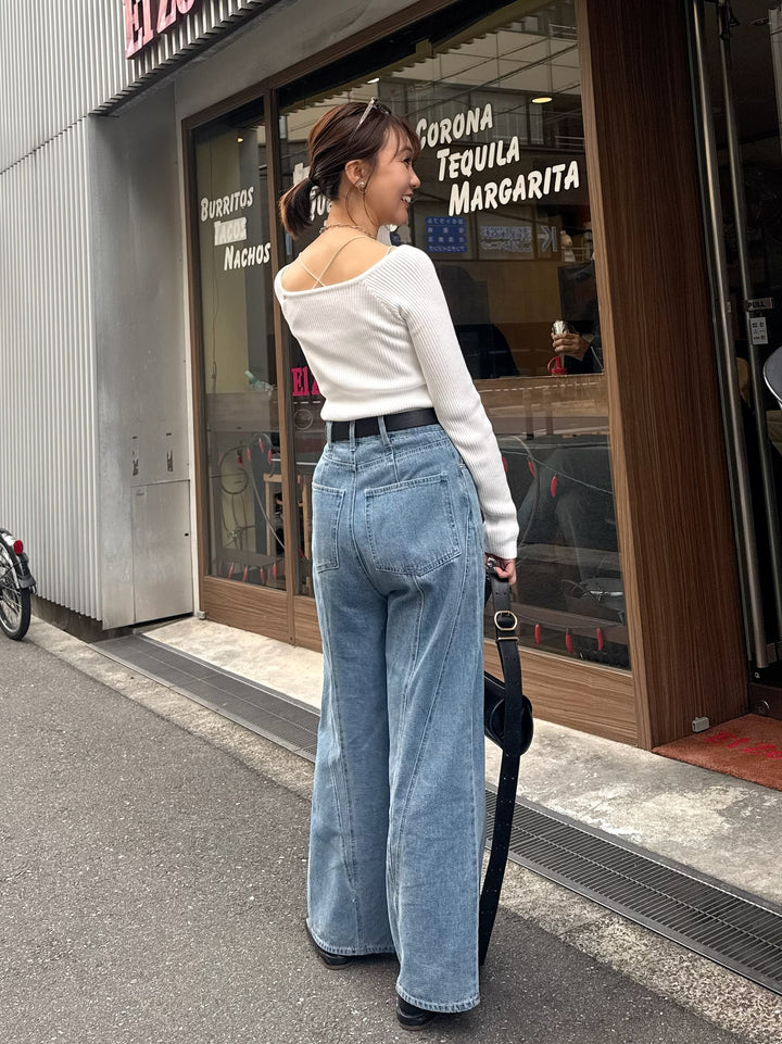 [SET]【予約】スクエアネックリブニットプルオーバー  / オフホワイト + 切替えストレートデニムパンツ / ブルー(3月下旬発送予定)