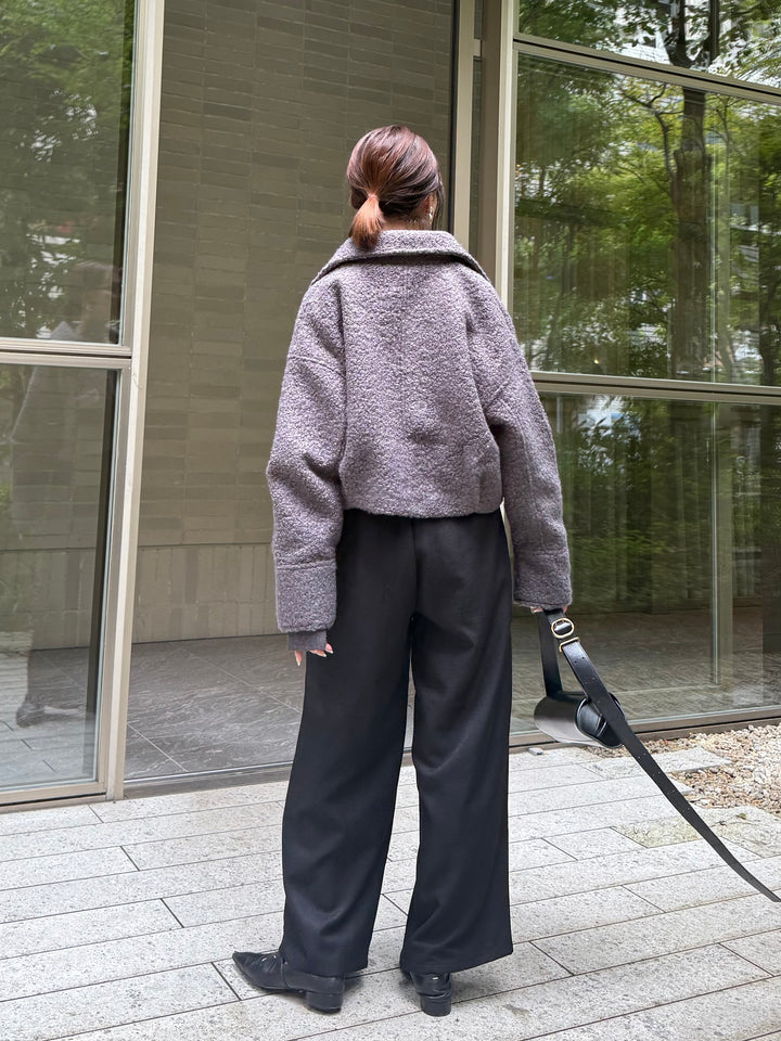 [SET] ループツイードショートジャケット / グレー + ウエストパイピングワイドパンツ / ブラック