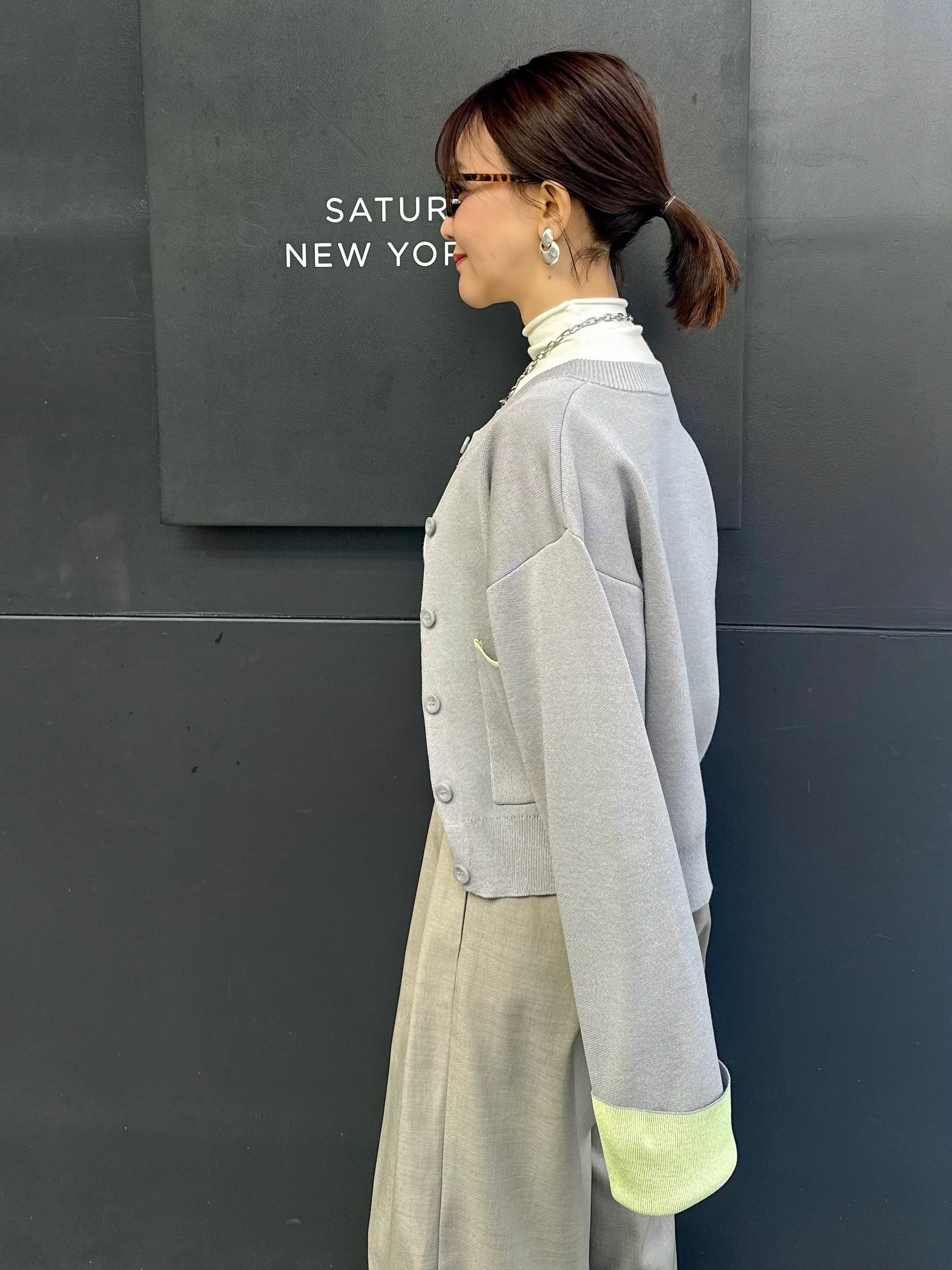 予約】配色ダブルフェイスカーディガン / グレー×ライム(1月下旬発送