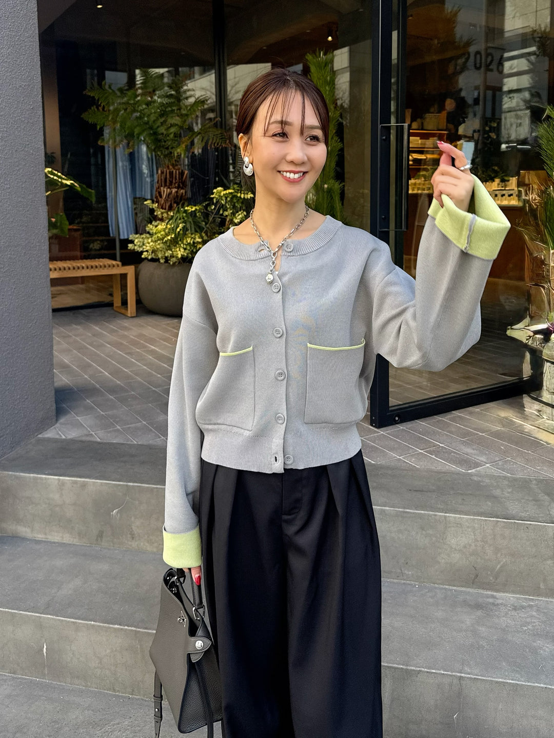 【予約】配色ダブルフェイスカーディガン / グレー×ライム(3月上旬発送発送予定)