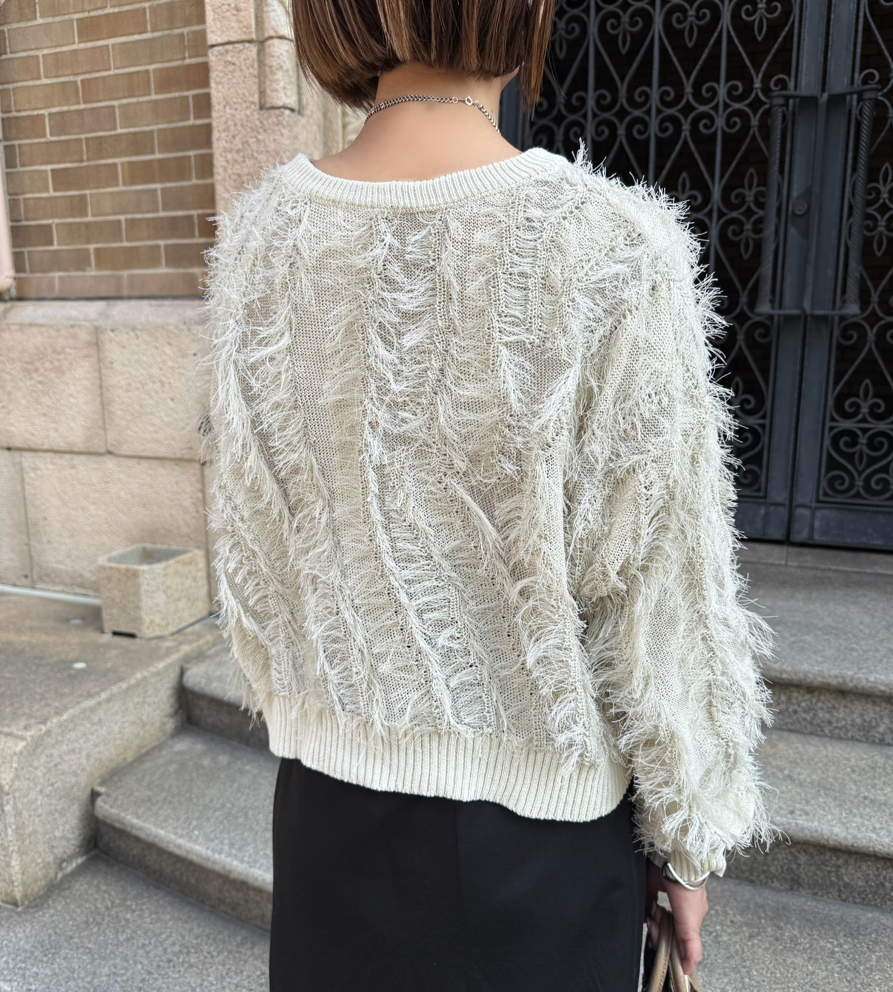 麻タッチフリンジニットショート丈プルオーバー/ アイボリー – fosie