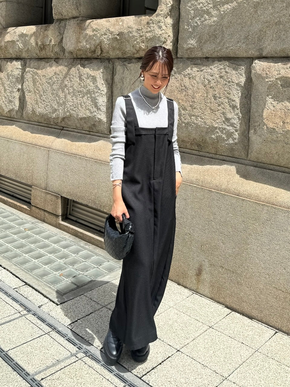 袖ボタンハイネックニット / グレー