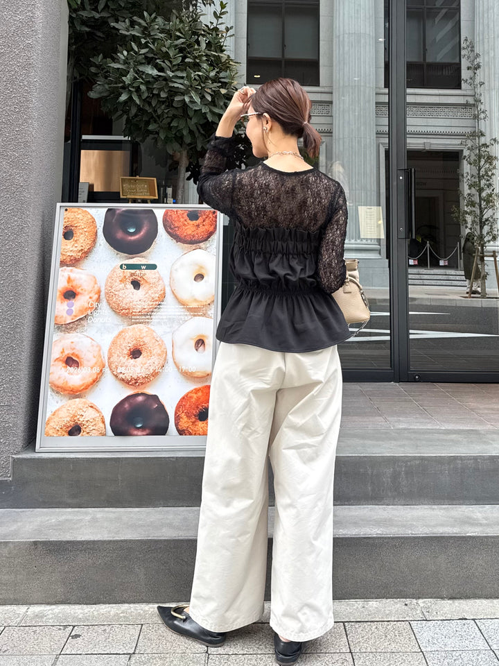 【予約】[3点SET] 袖ギャザーレーストップス / ブラック + ギャザービスチェ / ブラック + ツイルタックワイドパンツ / アイボリー(4月中旬発送予定)