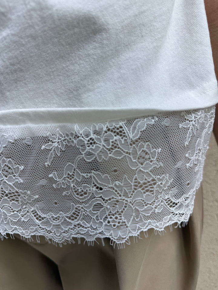 [新作300円OFF] レースレイヤードドレープTシャツ / オフホワイト