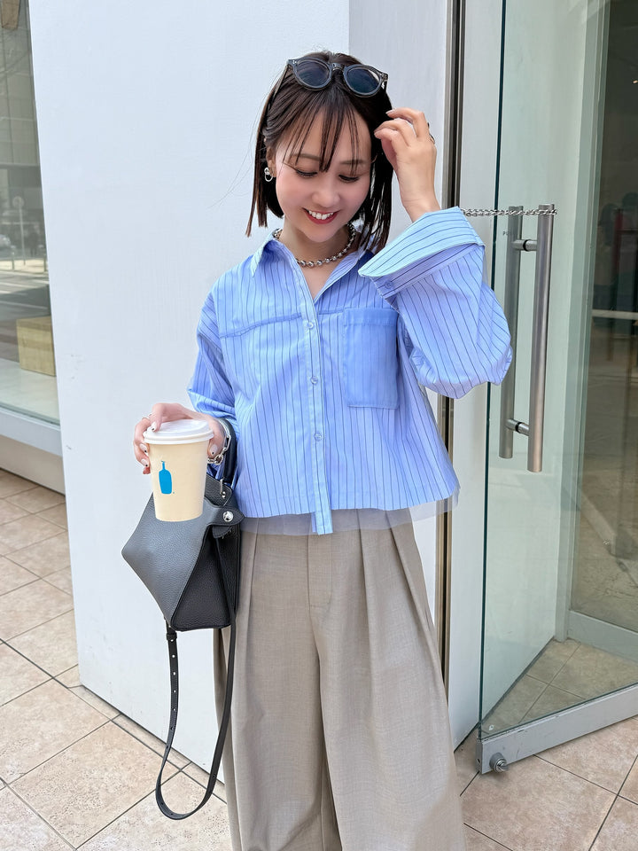 [新作300円OFF] チュールショート丈ストライプシャツ / ブルー