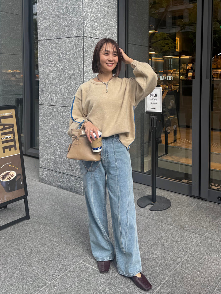 アルパカタッチ配色ラインプルオーバー / アイボリー