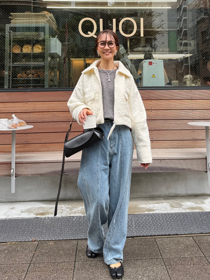 [SET] ループツイードショートジャケット / アイボリー + 切替えストレートデニムパンツ / ブルー