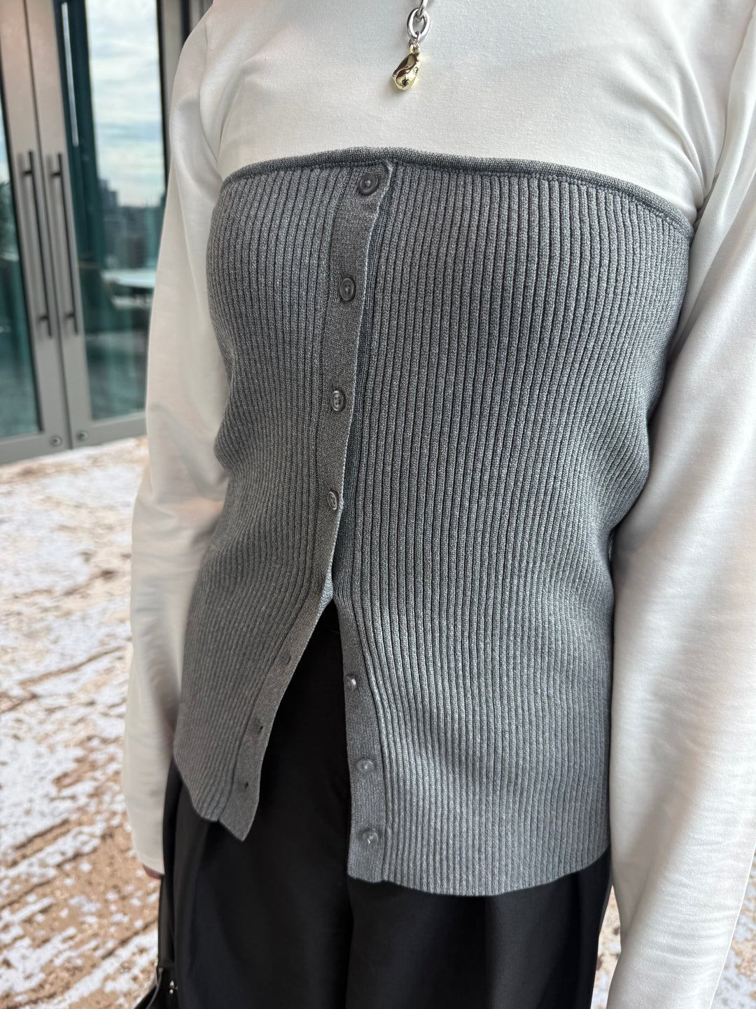 [新作300円OFF] リブニットビスチェドッキングTシャツ / オフホワイト×グレー