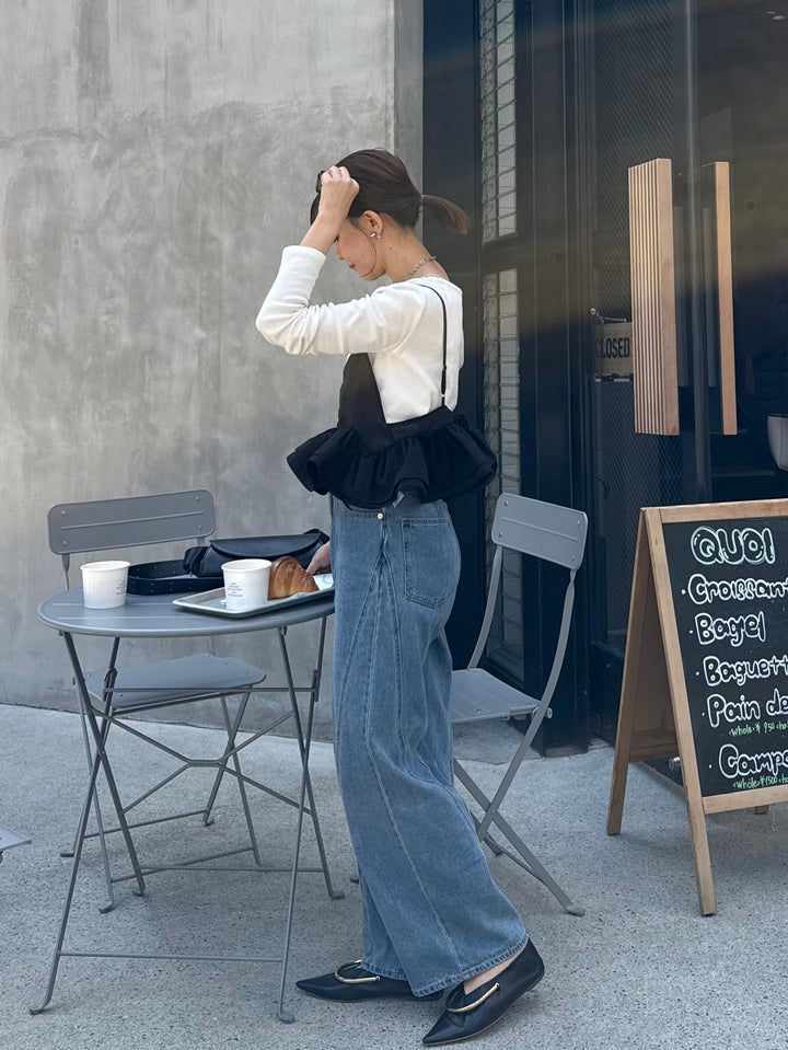 【予約】[SET]フリルヘムビスチェ / ブラック + 切替えストレートデニムパンツ / ブルー(5月下旬発送予定)