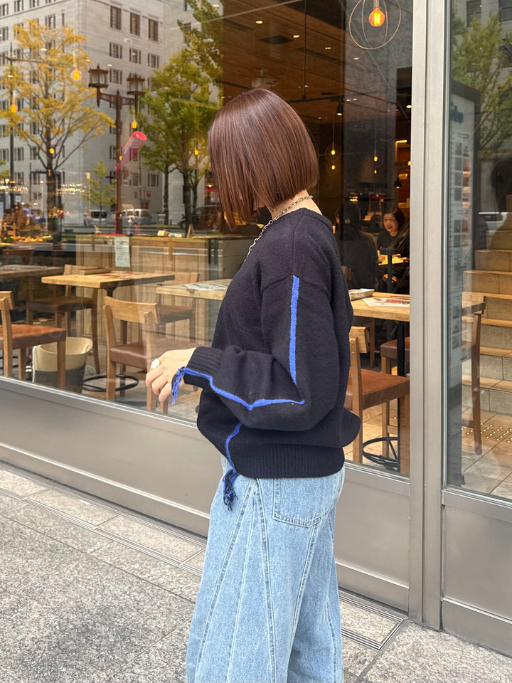 アルパカタッチ配色ラインプルオーバー / ブラック