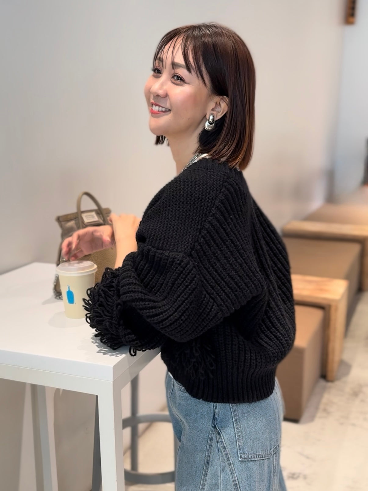 フリンジジップカーディガン / ブラック – fosie