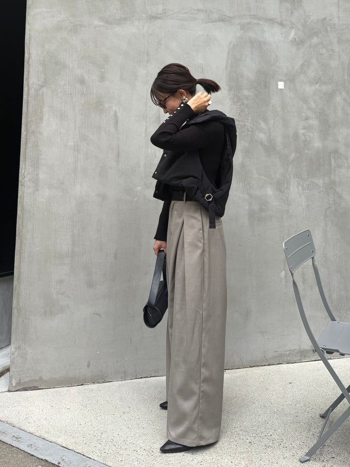 [SET] 中綿フードベスト / ブラック + ツイルタックパンツ / グレージュ