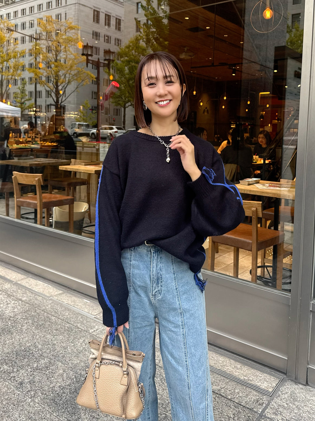 アルパカタッチ配色ラインプルオーバー / ブラック