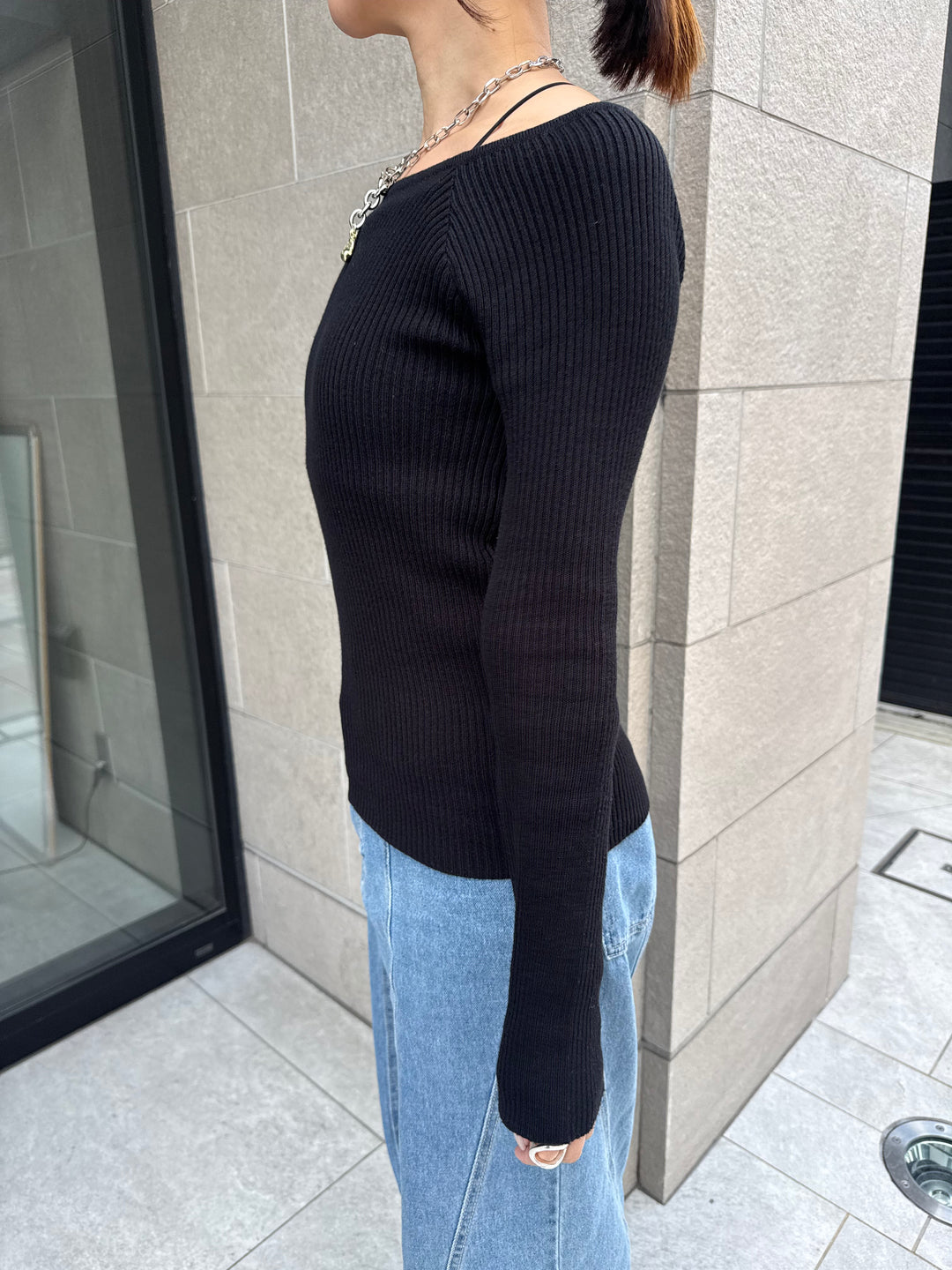 スクエアネックリブニットプルオーバー  / ブラック