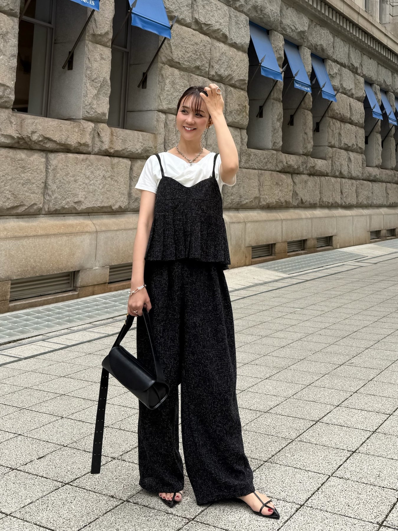 familiar ボート刺繍 Tシャツ・ショートパンツ・リュックセット 予約】[3点SET] サマーツイードプリーツキャミ / ブラック + サマー