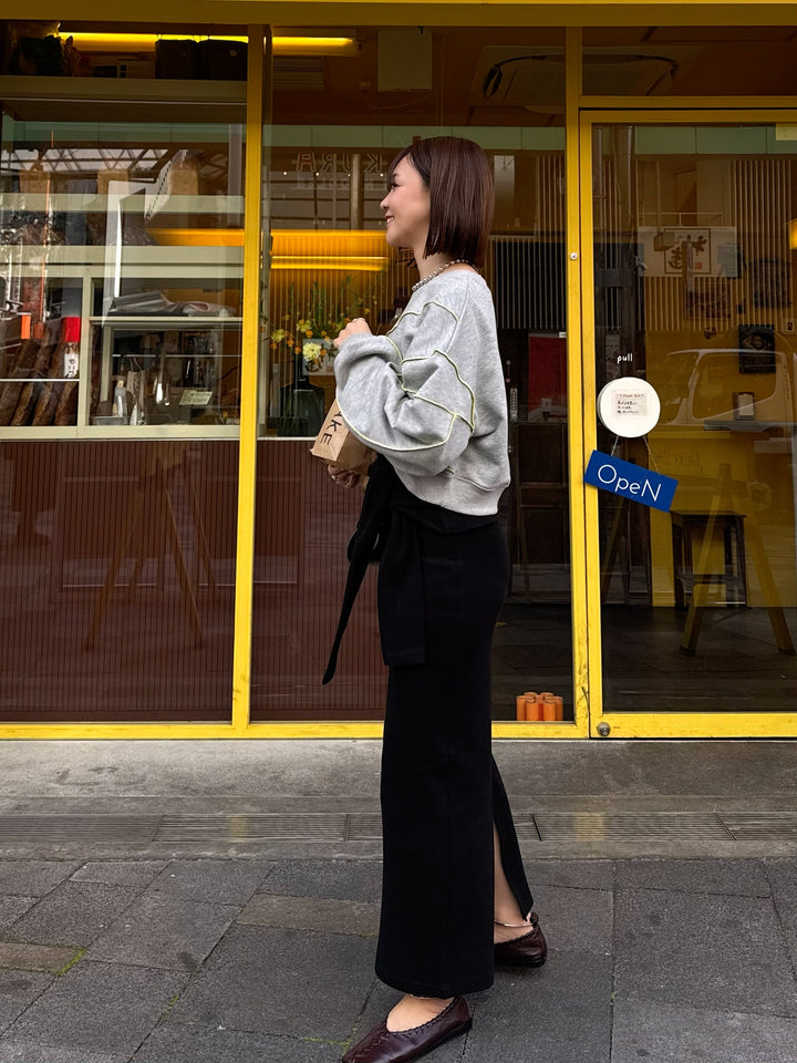 [新作300円OFF] [SET] 配色メロープルオーバー／グレー  + カットリブ腰巻き風スカート / ブラック