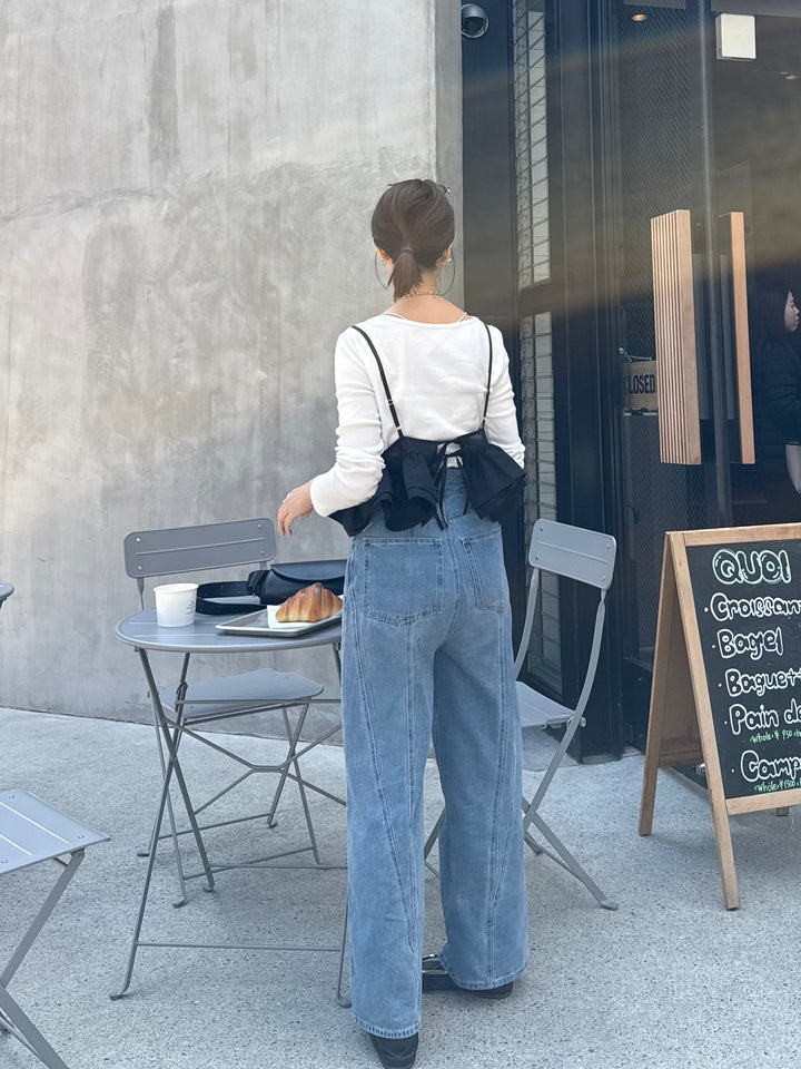 【予約】[SET]フリルヘムビスチェ / ブラック + 切替えストレートデニムパンツ / ブルー(5月下旬発送予定)