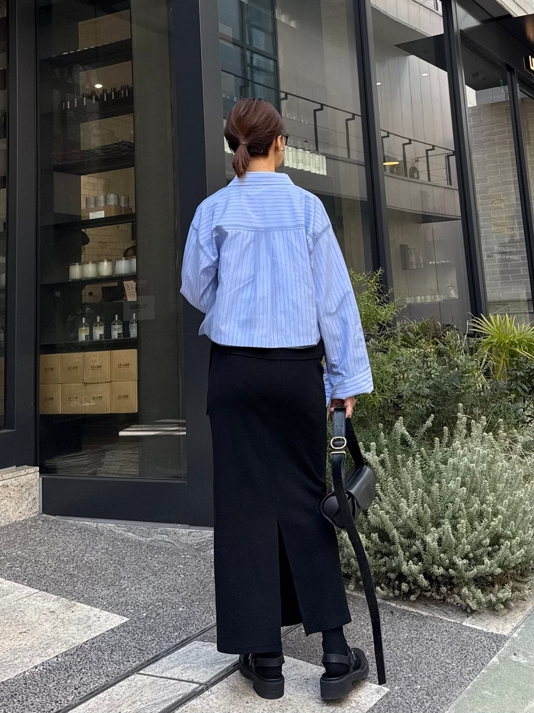 [新作300円OFF] チュールショート丈ストライプシャツ / ブルー