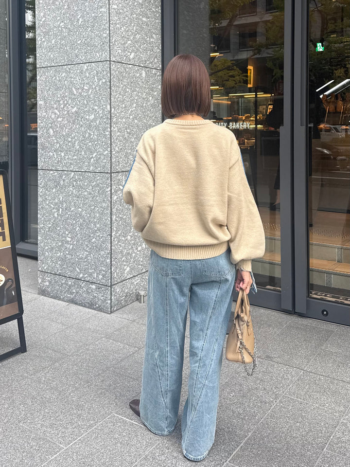 アルパカタッチ配色ラインプルオーバー / アイボリー