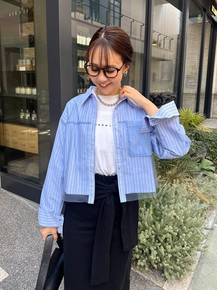 [新作300円OFF] チュールショート丈ストライプシャツ / ブルー