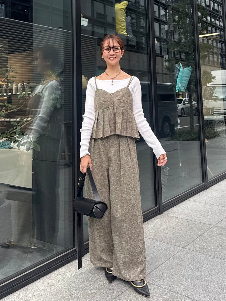 【予約】[3点SET] サマーツイードプリーツキャミ / ブラウン + サマーツイードタックパンツ / ブラウン + スクエアネックリブニットプルオーバー  / オフホワイト(3月下旬発送予定)