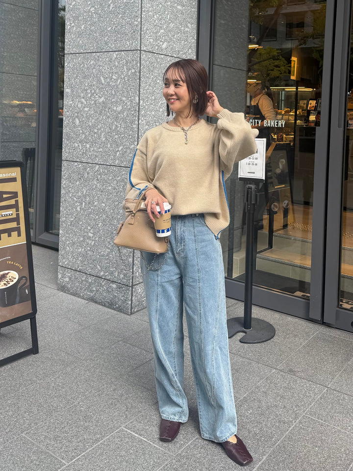 アルパカタッチ配色ラインプルオーバー / アイボリー