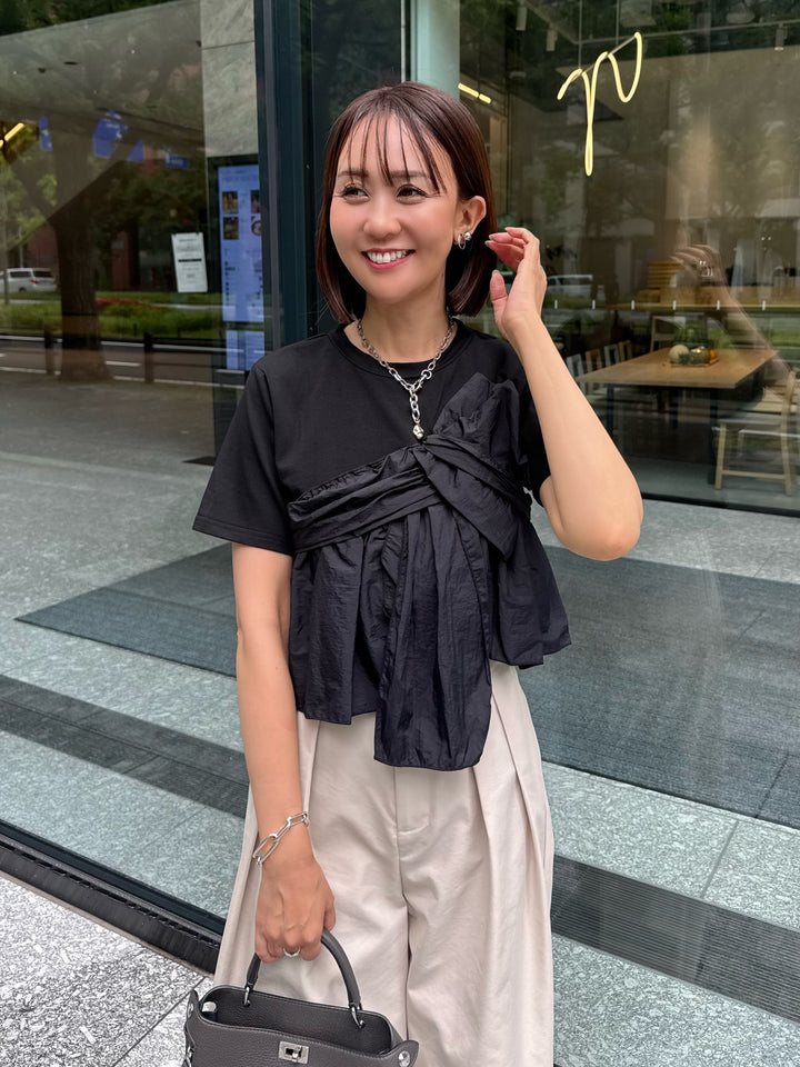 [新作300円OFF] 異素材ドッキングツイストTシャツ / ブラック